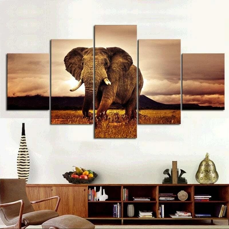 Tableau Multi Panneau 5 parties Tableau sur Toile,Éléphant mâle africain,tableau mural decoration salon moderne xxl,cadre,accroche cadre sans...