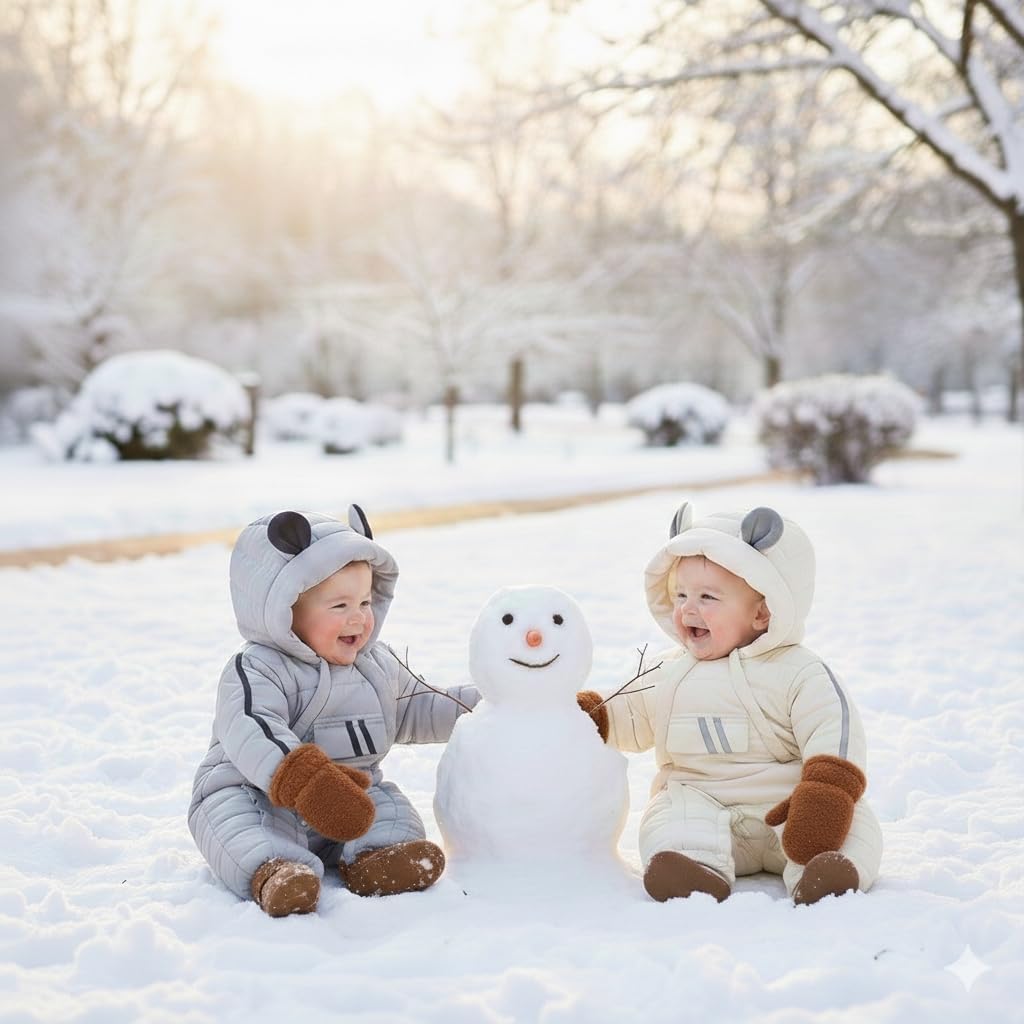 JiAmy Baby Snowsuit Baby Bear Hooded Winter Outfit Double Girl Boy Zipper Winter Clothes Romper - Image 2