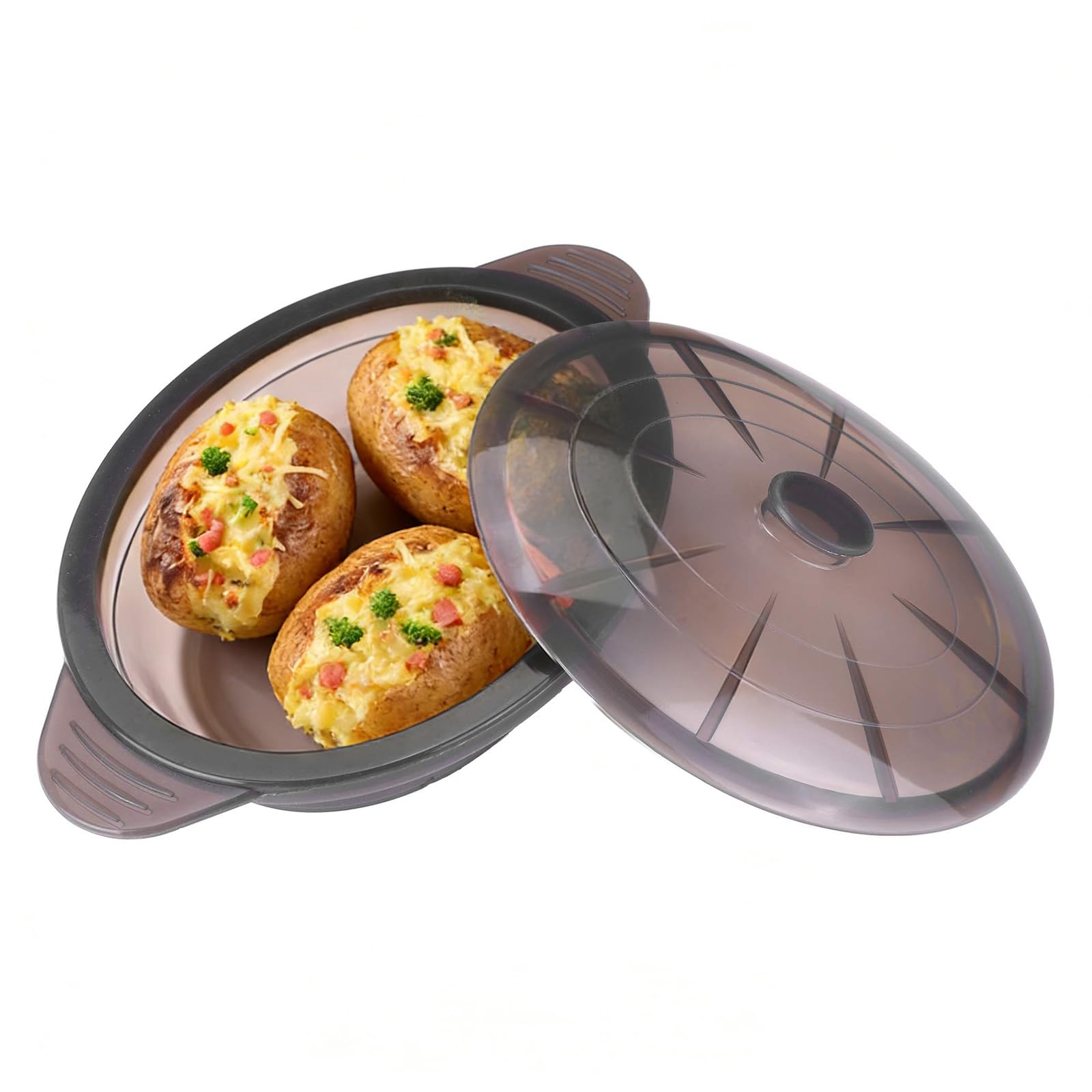 Microwave Steamer Cooker Collapsible Bowl Silicone Baked Potato Cookware with Handle Lid for Vegetables Fish Prep Meal Food with Removable Rack BPA Free Easy to Store Freezer Dishwasher Safe Black