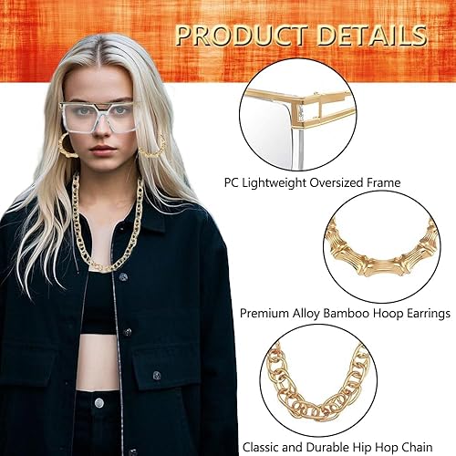 Miniatura 3 de sanderala Accesorios de los años 90 para mujer, kit de disfraz de rapero, hip hop, joyería de la vieja escuela, cadena de cuerda de oro sintético,