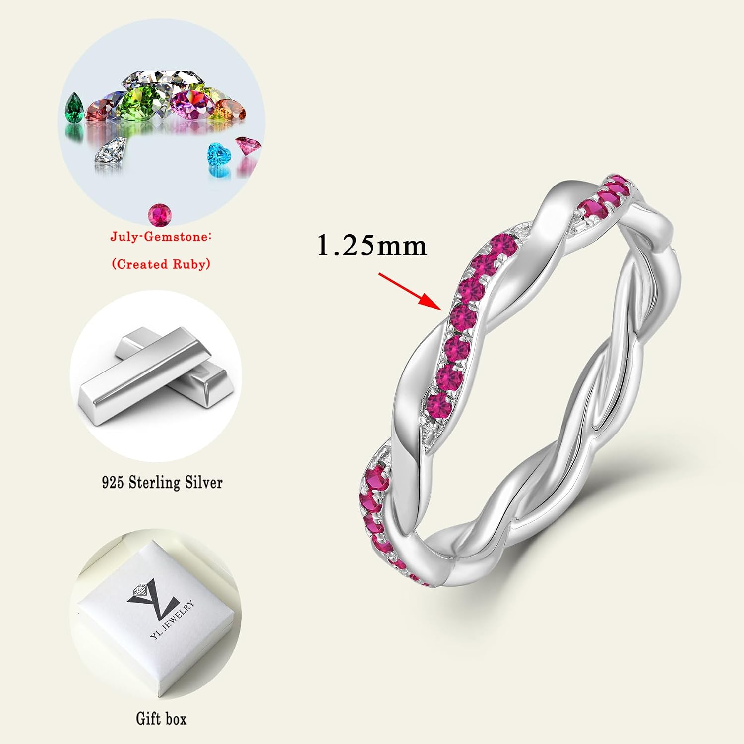 YL Twisted Rings 925 Sterling Silver Stackable Ring Created Ruby Eternity Band for Women-size8