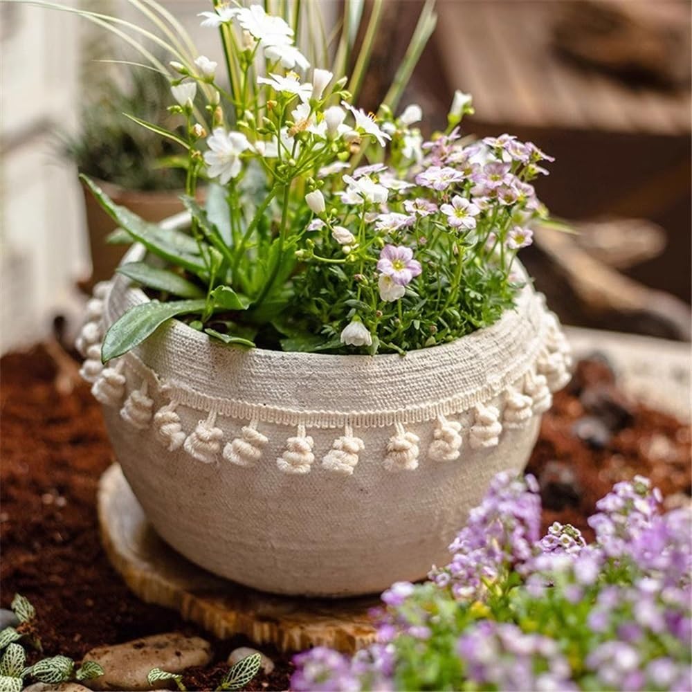 Atmungsaktiver Blumentopf Weißer Blumentopf mit rundem Webmuster und Fransen, Ablaufloch, Desktop-Blumentopf aus Zement for Balkon, Wohnzimmer, Küche, Pflanzenbehälter (2 Größen) pflanztopf(Groß)