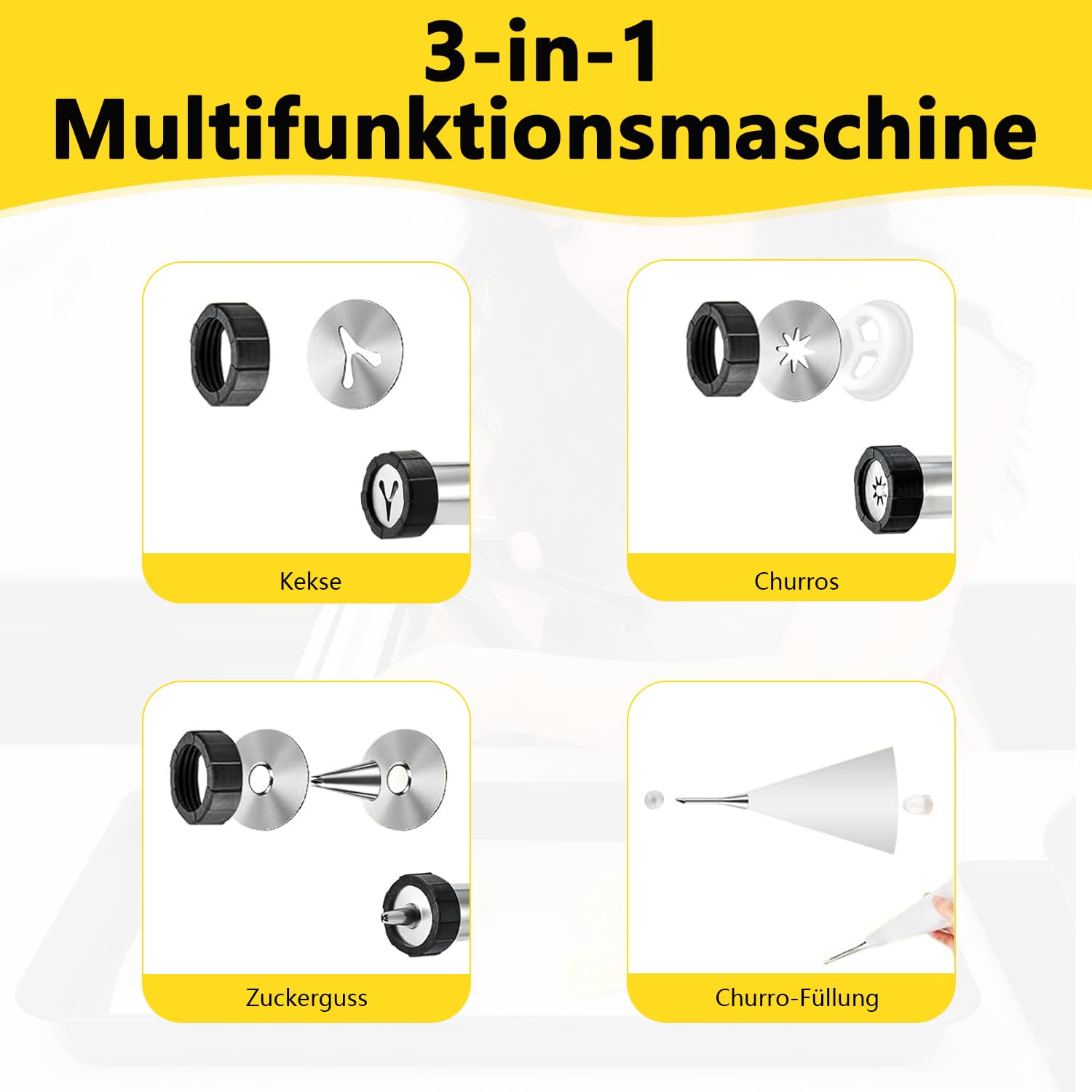 Churro Maker Edelstahl Gebäckpresse, Spritzgebäck Presse mit 10 Schablonen und 7 Edelstahl Tüllen, Teigspritze Kekspresse Gebäckspritze, Plätzchenpresse Backzubehör für Kuchen Dessert Cookie Presse