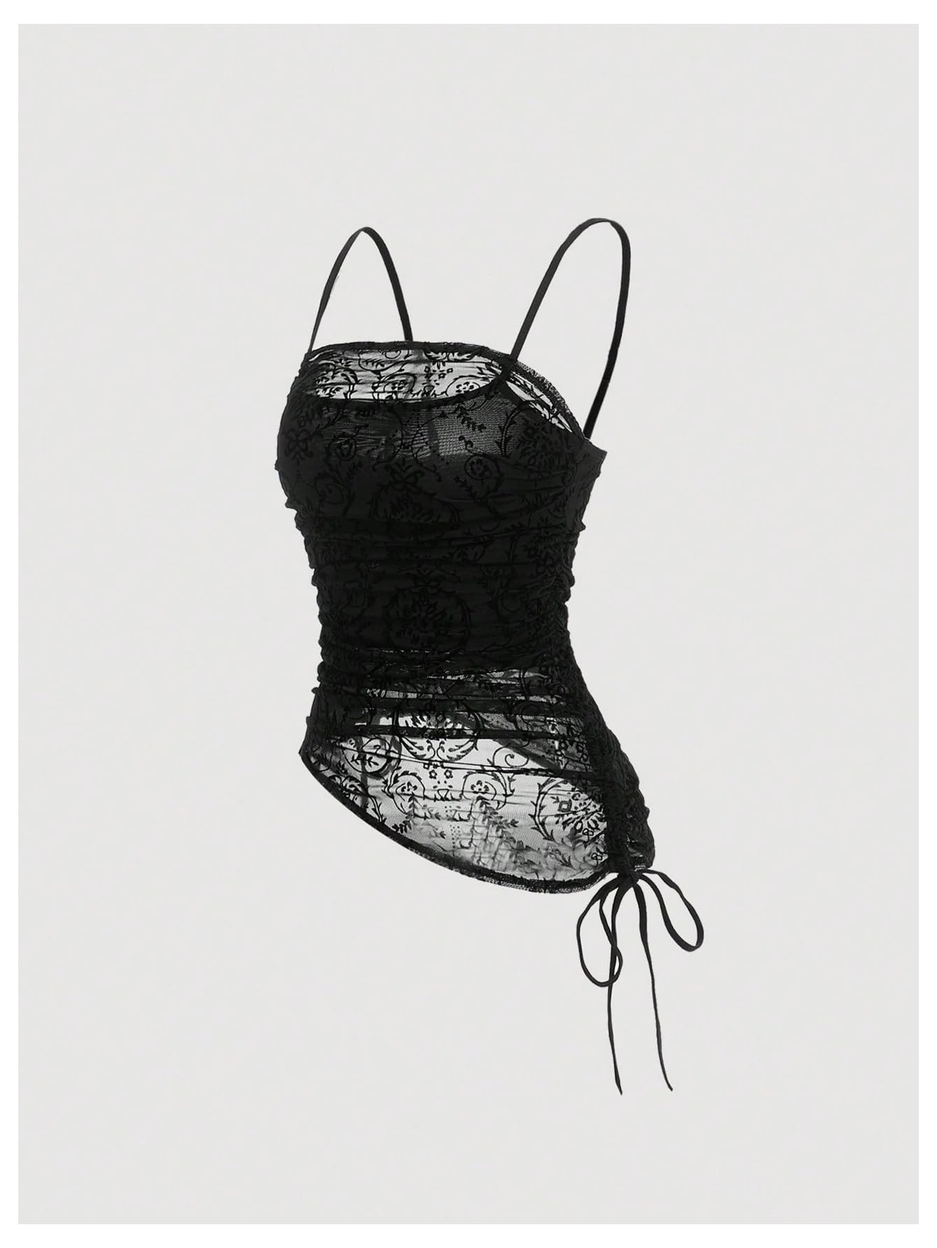 SOLY HUX Women's Ruched Lace Cami Top Drawstring Sleeveless Clubwear Sexy Gothic Tops: X-Large Plain Black