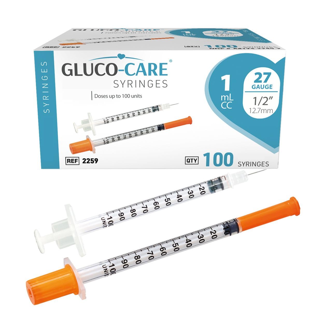 GLUCO-CARE 1 ml/cc Syringes 27G x 1/2’’ (12.7mm), Orange Cap, 100/box