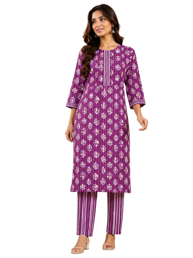 Women's Purple Printed Cotton Blend Kurta Set with Trousers | Round Neck Straight Kurti | 3/4 Sleeves | Matching Striped Pants | Ethnic Wear for Casual, Office, Festive & Daily Wear-image-37