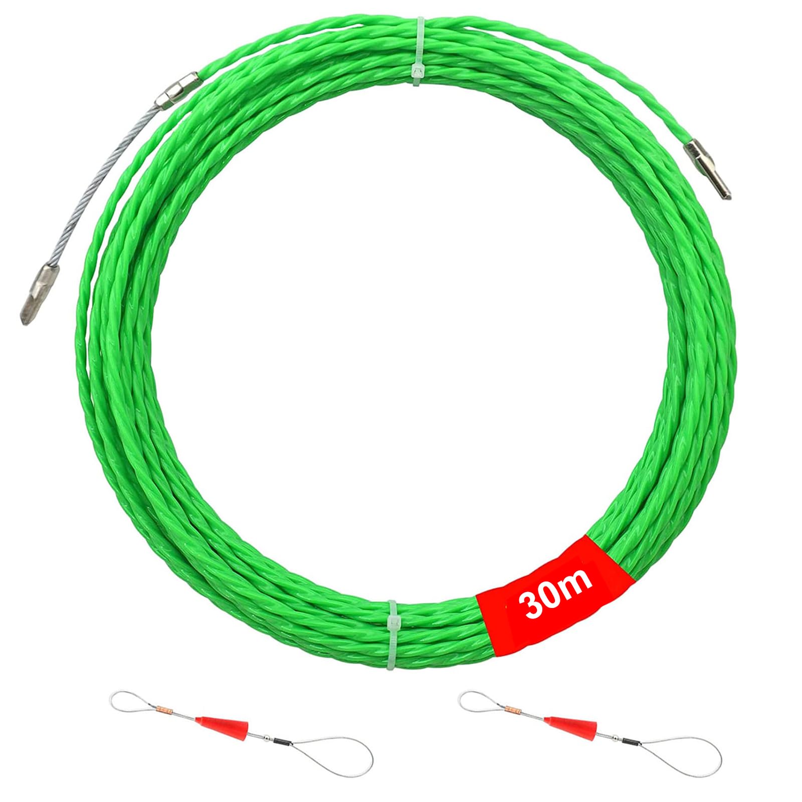 Pomoc do wciągania kabli 30 m, φ 4 mm, drut do wsuwania, spirala do ściągania drutu, taśma rybna, pusta rura do kabla światłowodowego, nadaje się do włókna szklanego, do wciągania kabli (zielony)