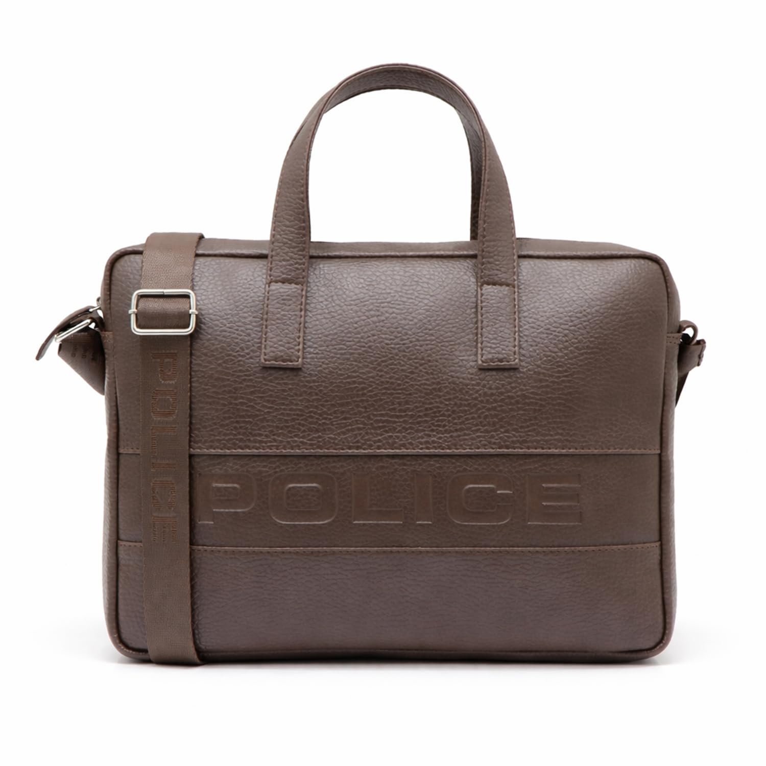 Police 14 Inch Laptop Briefcase for Men | Premium Textured Leather Office Bag with Padded Laptop Compartment | Branded Adjustable Shoulder Strap | Professional Business Messenger Bag | Brown-image-19