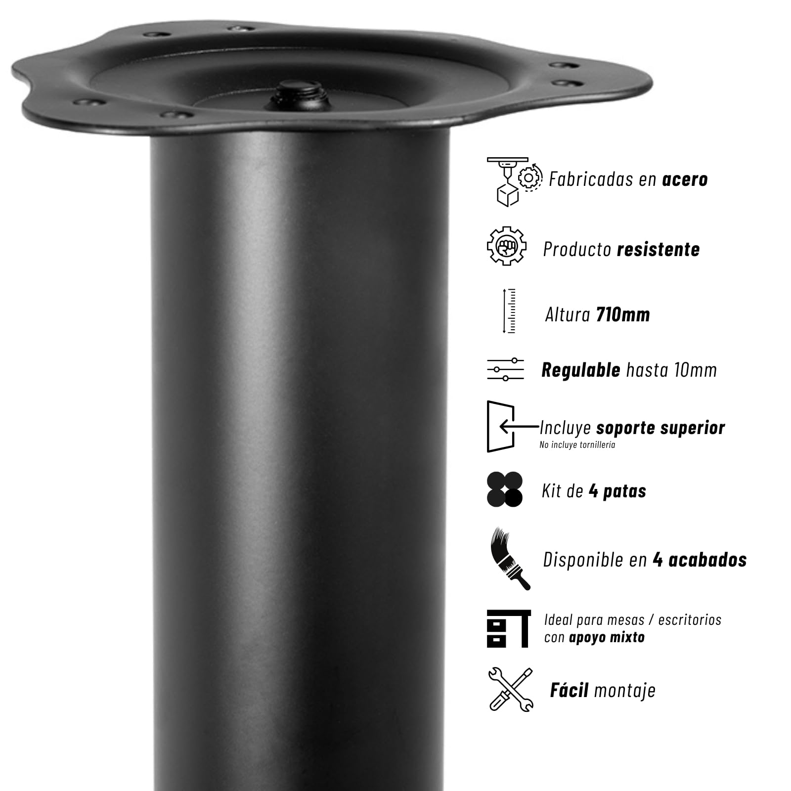 VERDU Patas para Mesas - Juego De 4 Patas Mesa De Acero De Alta Resistencia, ø60mm, Altura De 710mm, Regulación hasta 10mm, Soporte Superior En Zamak, Varios Acabados Disponibles (Negro)