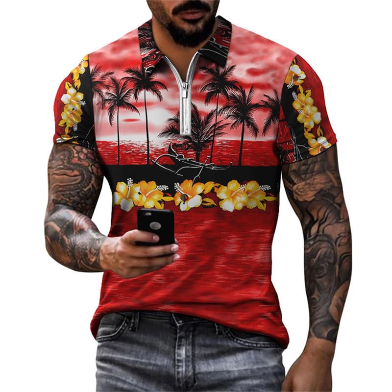oneforus Homme Fleur Poisson Bagua Tai Chi Polos Imprimés en 3D Fermeture éclair Plage Hawaï Manches Courtes Streetwear Tops