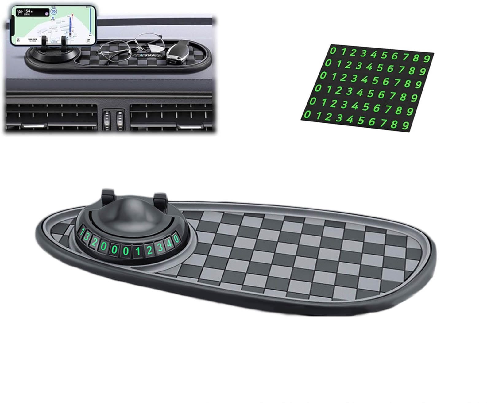 Multifunctional Car Anti-Slip Mat Dashboard Phone Holder with Rotatable Stand, Temporary Parking Number Plate, Large Pad for Phones, Sunglasses & Keys(Grey 1)