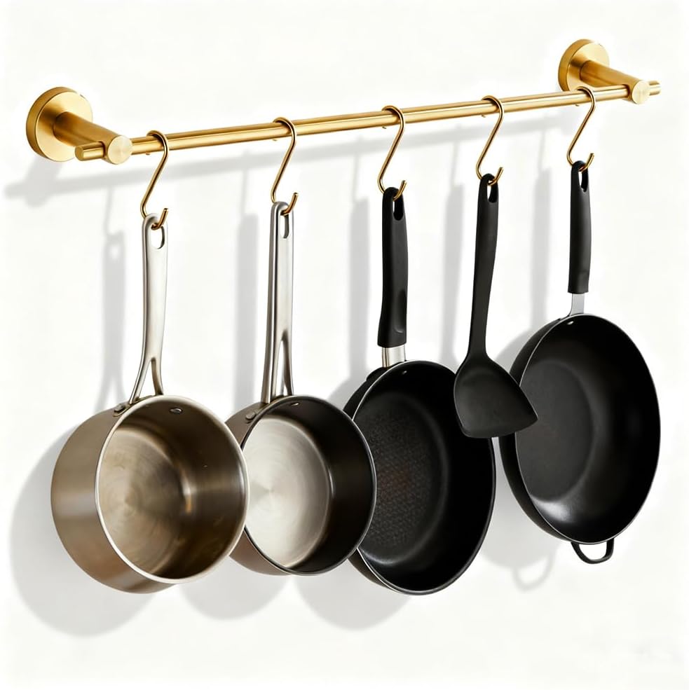 NEWRAIN Pot Rack Wall Mounted, 21 inch Hanging Pot and Pan Hanger, Stainless Steel Kitchen Rail Coffee Mug Rack with 10 S Hooks,Brushed Gold