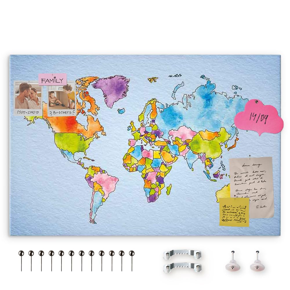 decomonkey Canvas World Map Pin Board with 50 pins - 47.2" x 31.5" / 120x80 cm Colour Fibreboard Push pin Travel map Wall Art - Traveler's Bedroom Office Living Room