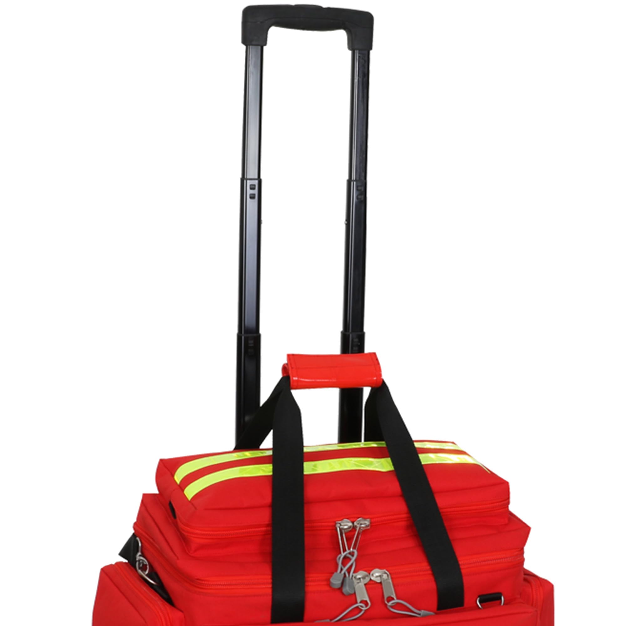 GIMA Smart Notfalltasche mit Trolley Medium, Farbe Rot, doppelte gelbe Streifen, Außentaschen, Innentaschen, abnehmbare Tasche mit transparentem Fenster, Größe 56 x 32,5 x 49 cm