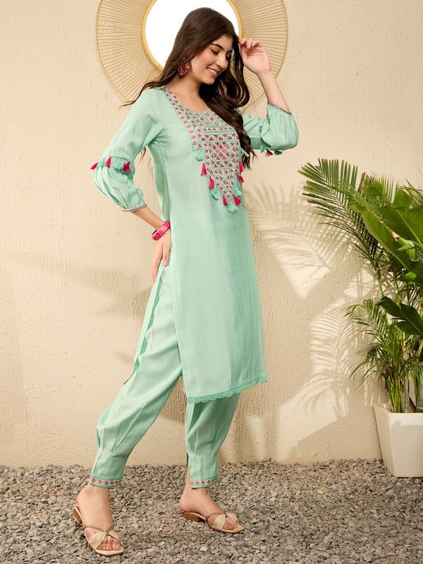 Image of Vaamsi Women's Rayon Solid Straight Embroidered Kurta Salwar Set With Tassels