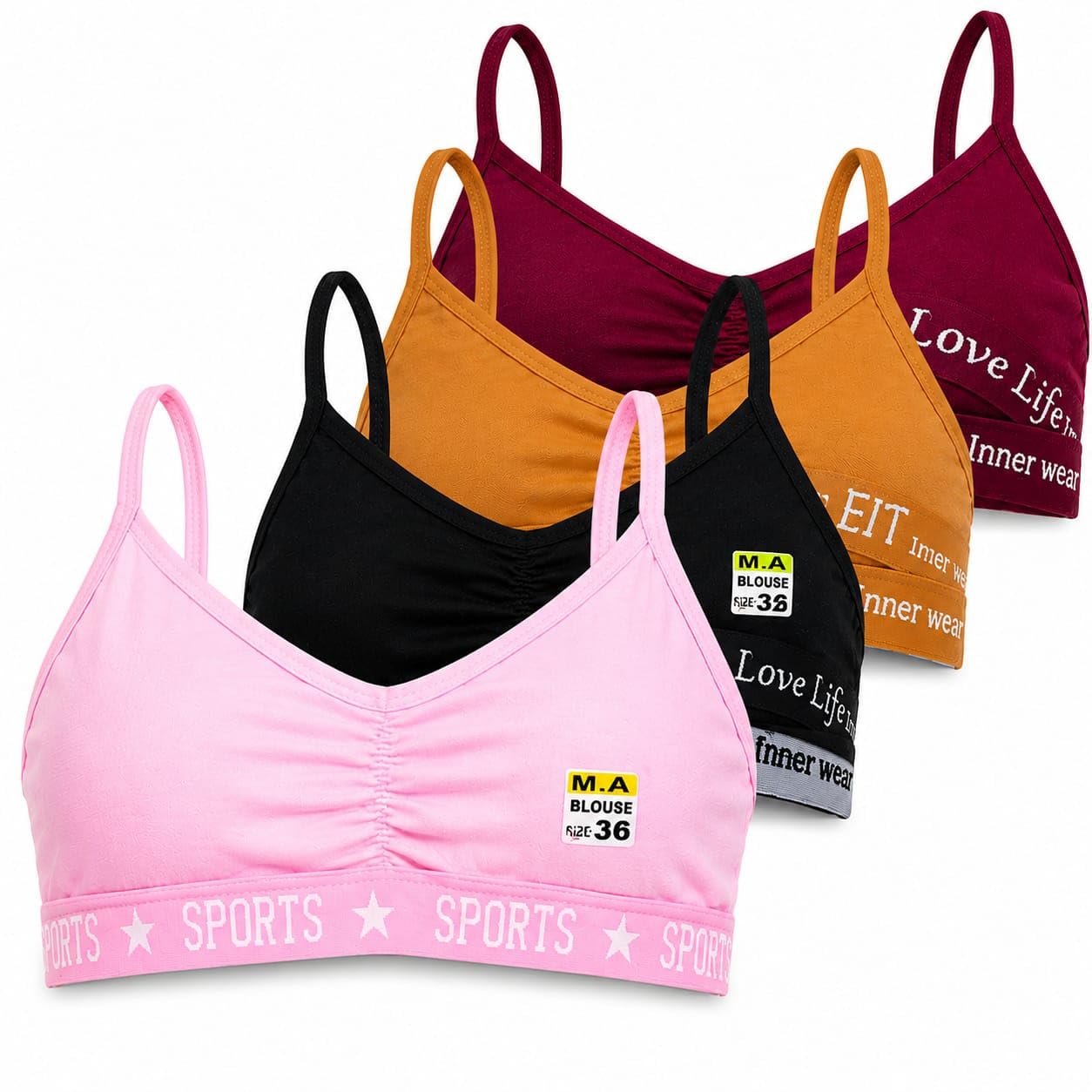 Women's Cotton Sports Bra Pack - 4-Piece Comfort Stretch Camisole Bralettes, Wire-Free Thin Strap Everyday Lounge Bra for Girls and Women (Multicolor Pack)-picture-32