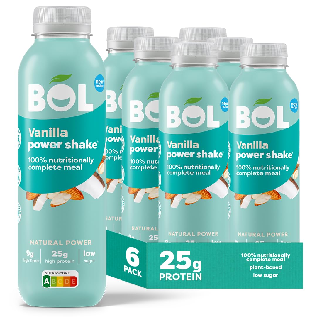 BOL Vanilla Power Shake - Ready-to-Drink Nutritionally Complete Meal (289kcal) - 25g High Protein Shake - Low Sugar, Plant-based, High Fibre (9g) Low Calorie Meal Replacement (410ml x 6 Bottles)
