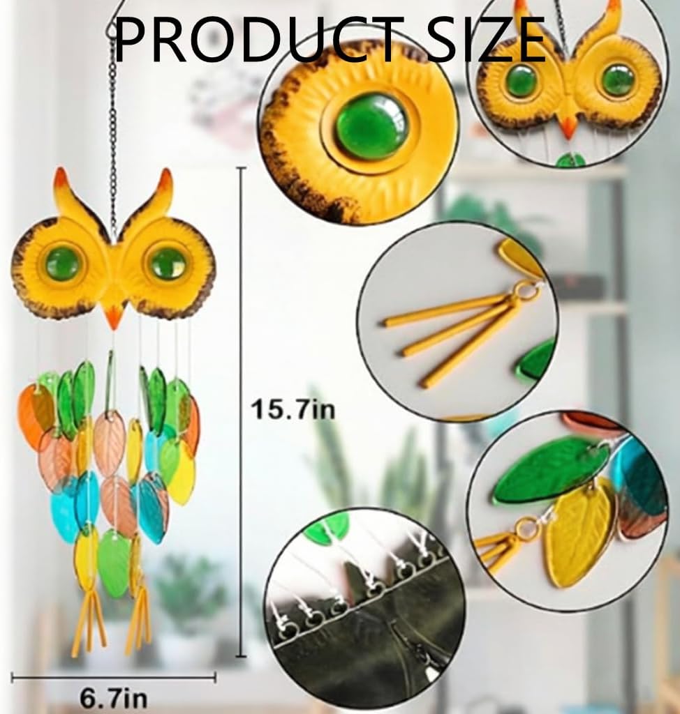HOTIYOK Stained Glass Owl Wind Chime Suncatchers, Handcrafted Metal & Glass Wind Chimes for Outside, Unique Hanging Garden Decor for Patio Porch Yard Outdoor, Mother’s Day Birthday Gift for Women Mom