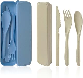 2 juego de cubiertos camping portátil con estuche, cubiertos plastico reutilizables, juego de cucharas cuchillos y tenedores cubiertos para llevar al trabajo, viaje, picnic, escuela (azul+beige)