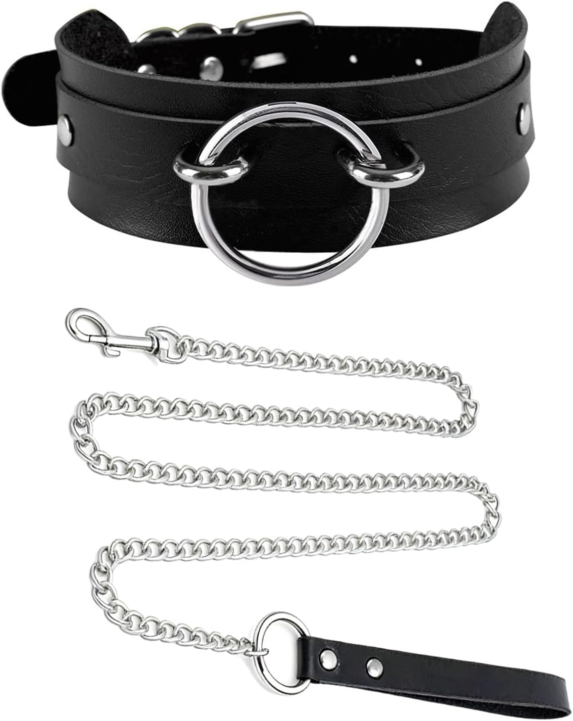 Black Wide Soft Faux Leather Collar Choker and Chain Set,Adjustable Thick PU Necklace for Cosplay, Big Ring Charm Chocker