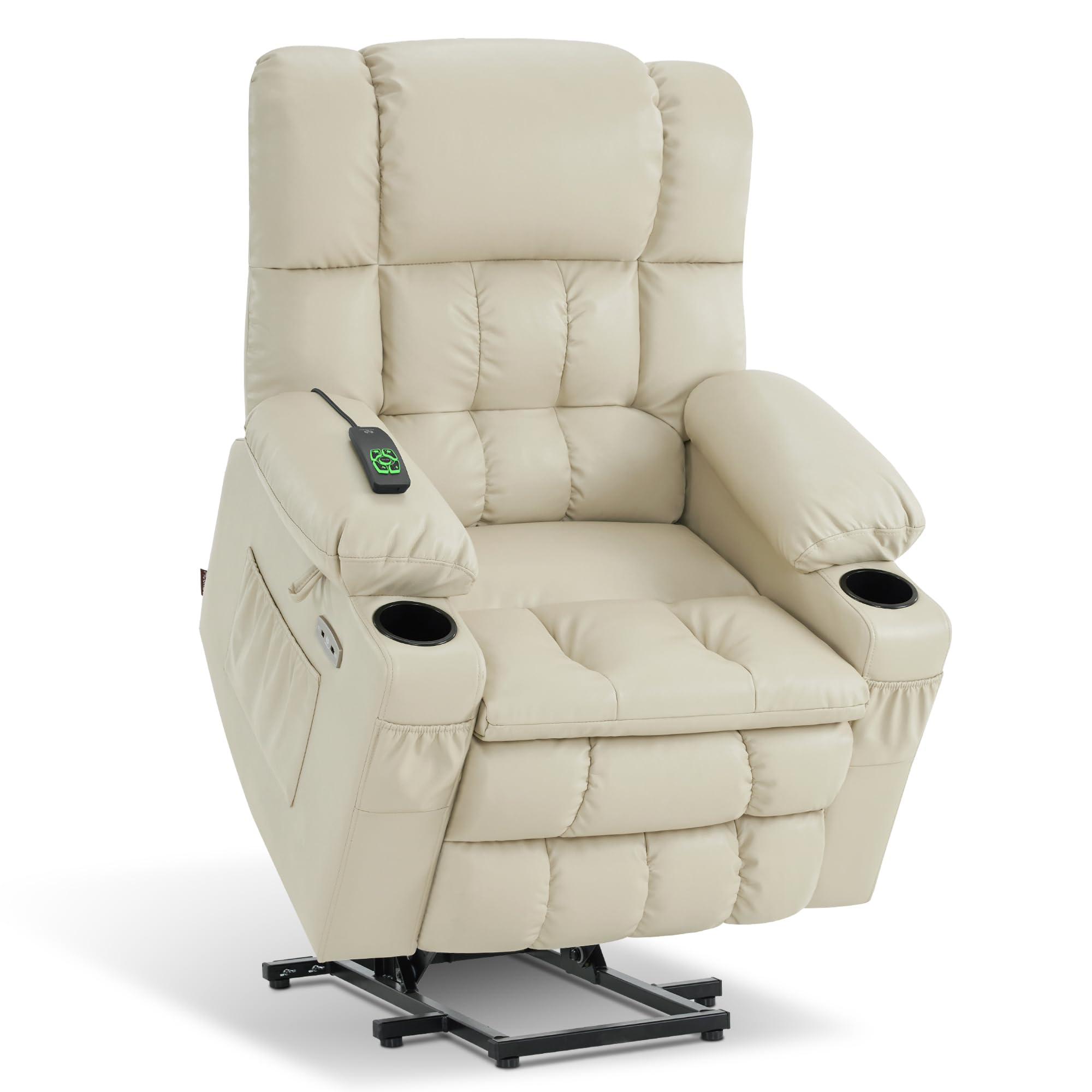 MCombo Dual Motor Power Lift Recliner Chair for Elderly, Lay Flat Lift Chair with Heat and Massage, Cup Holders, USB Ports, Faux Leather 7890 (Cream White, Medium)