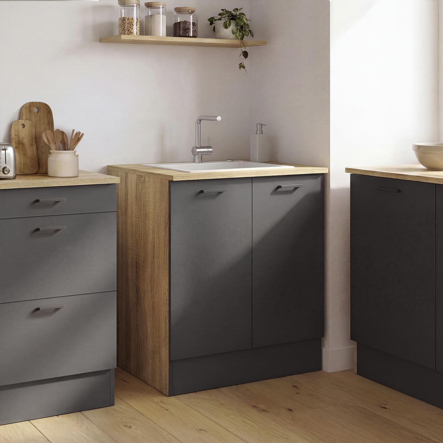 IDMarket - Meuble Bas de Cuisine 80 cm STIL appoint 2 Portes Bois et Noir
