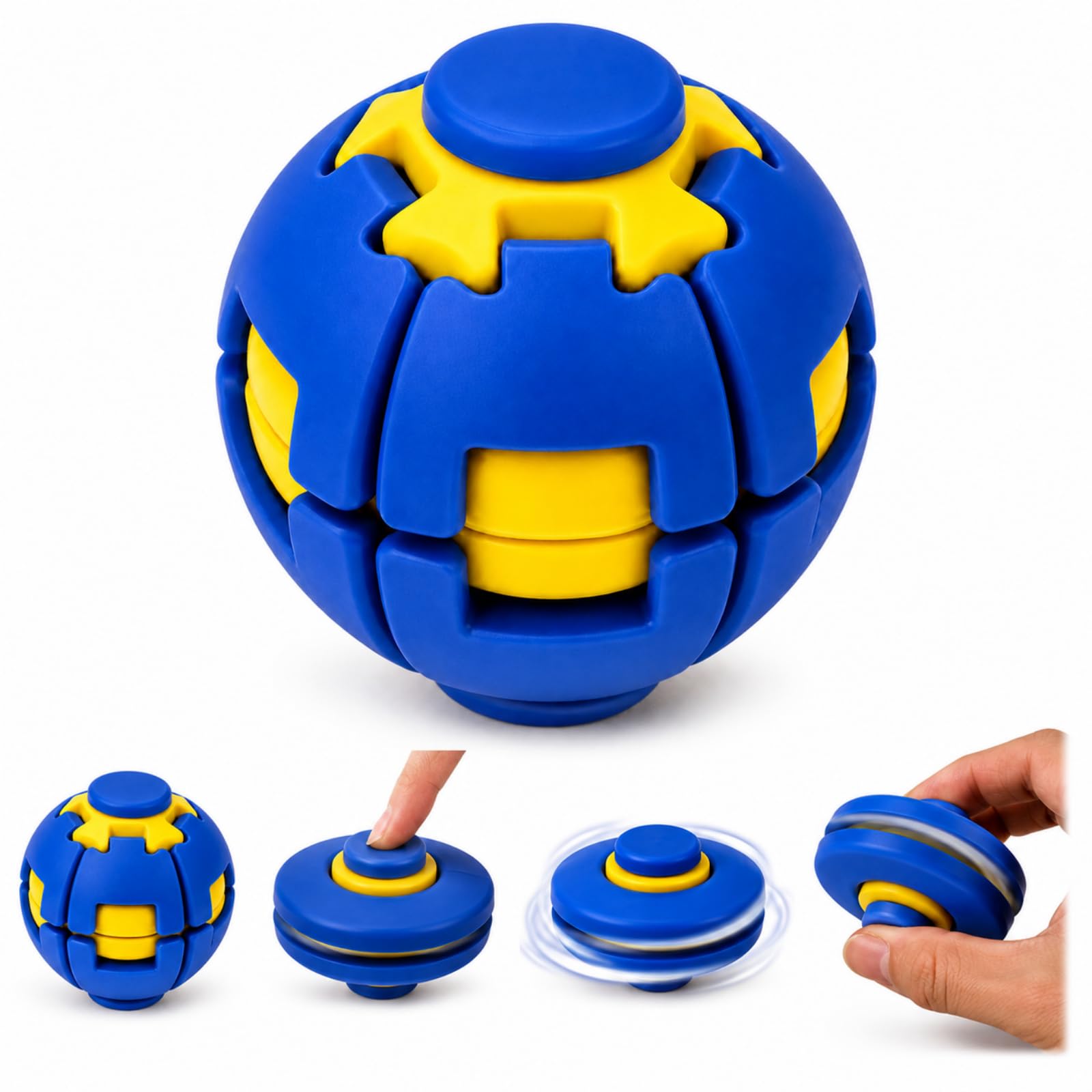 3D Printed Press to Spin Fidget Ball, Transforming Desk Fidget Toy, Stress Relief Sensory Spinner for Adults, One-Hand Office Desk Toy, Anxiety Relief Pocket Gift (Blue)