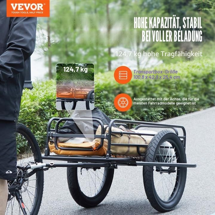 VEVOR Fahrradanhänger, 125 kg Tragkraft, Transportanhänger, faltbar und verstaubar, Schnellverschluss mit Universalkupplung, 50,8 cm Räder, passend für die meisten Fahrradräder, Rahmen aus Karbonstahl Sport & Freizeit