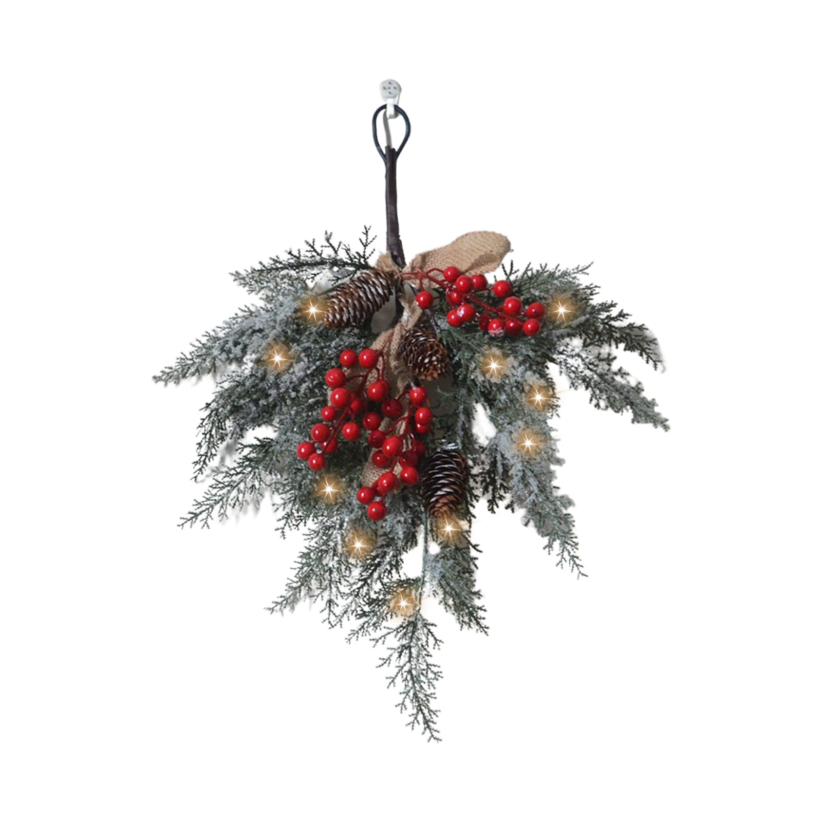 HGUIM 45cm Christmas Teardrop Pine Spray Swag with LED Light and Red Berries - Creative Holiday Door Swag Decoration for Xmas Wall Window Decor