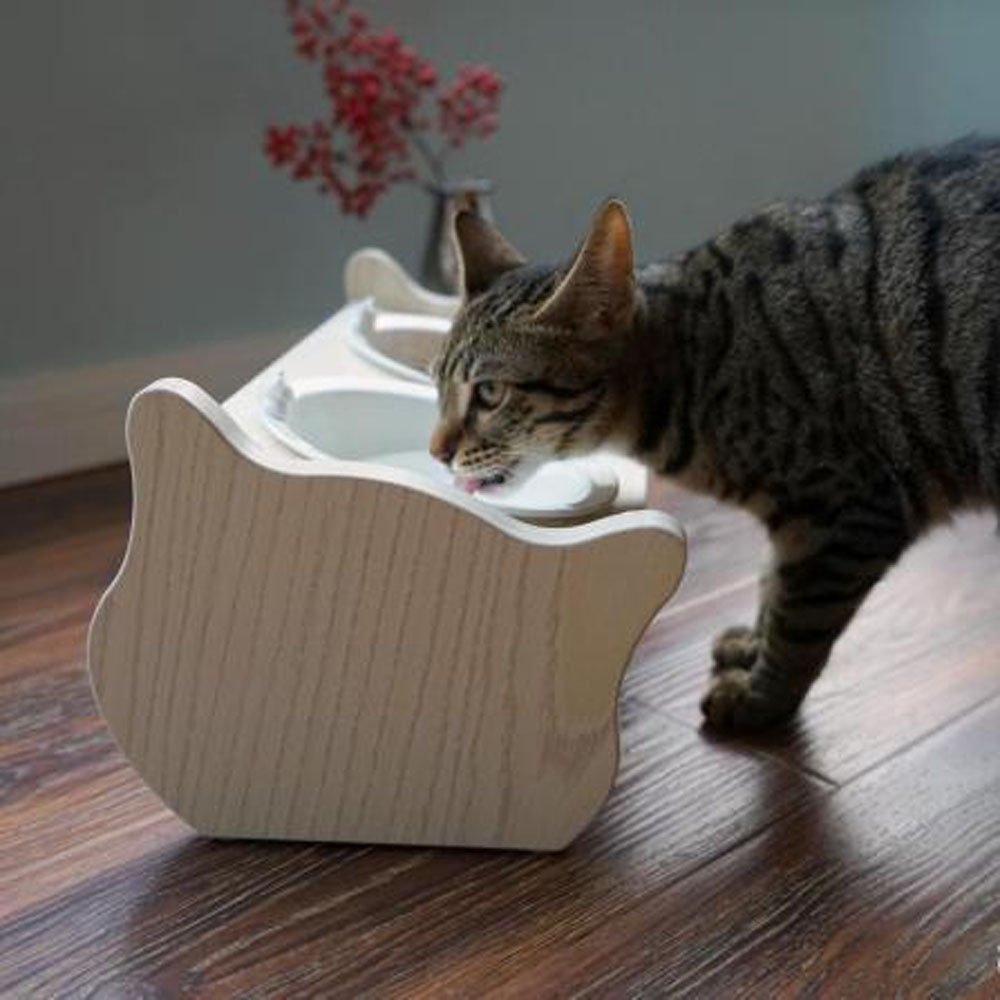 Cats Design - Ciotola doppia in legno e ceramica, edizione limitata