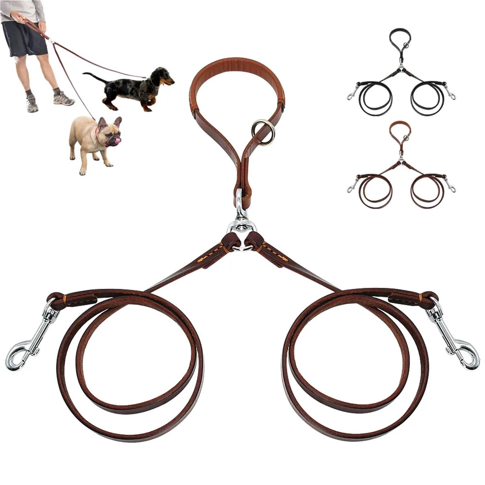 Laisse pour chien 2 voies double en cuir pour animal domestique avec coupleur anti-nœuds avec poignée pour la marche et le dressage de 2 chiens de petite et moyenne taille (noir)
