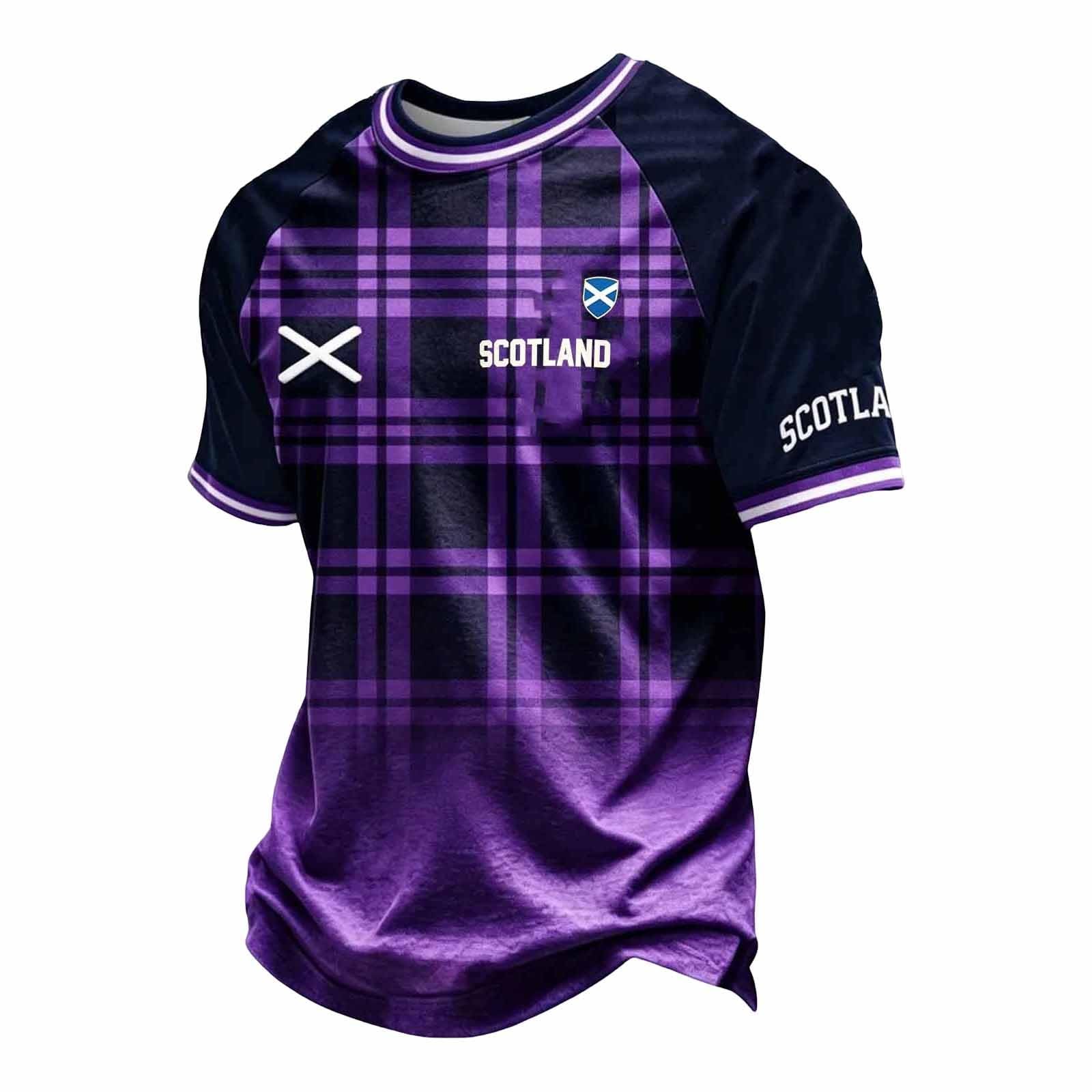 Mens Scotland Fans T-Shirts with Plaid Pattern Comfort Breathable Short Sleeve Athletic Top, Classic Sports Jersey Football Outfit, Casual Summer T Shirts for Holiday UK Purple