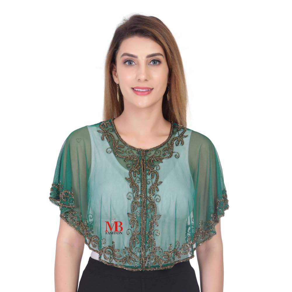 Women's Net Embroidered Cape Shrug, Round Neck, Short Length
