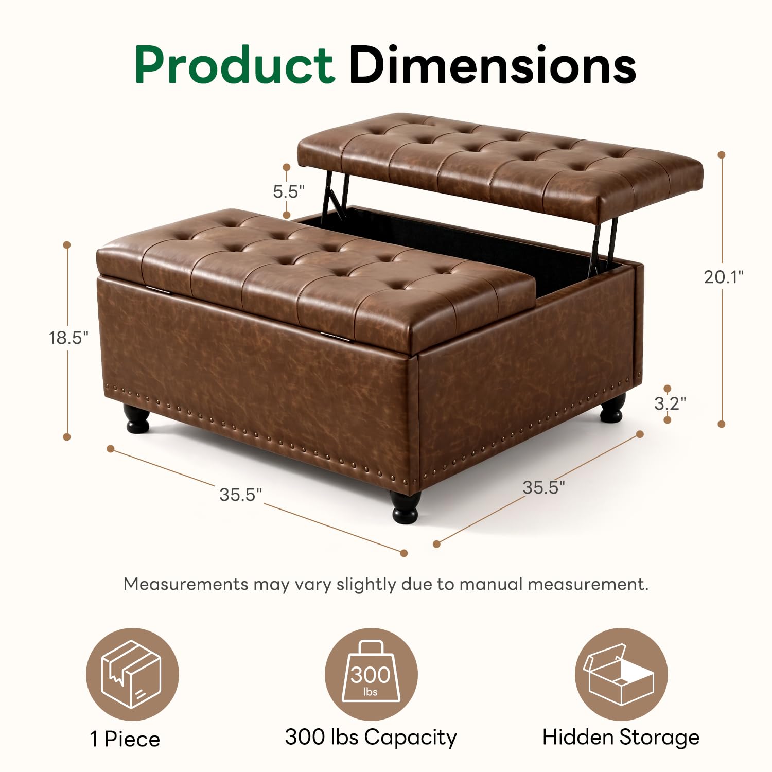 Tbfit Grande panca ottomana quadrata da 90,2 cm, ottomana imbottita trapuntata con contenitore, contenitore per giocattoli oversize per soggiorno, marrone