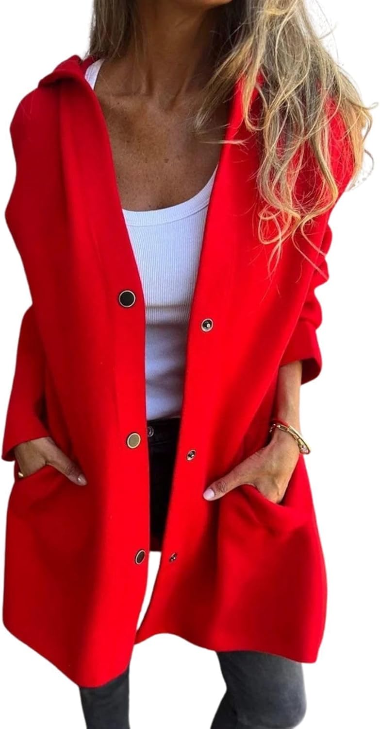 Solid Color Trench Coat Women Casual Single Breasted Hooded Jacket with Pockets Fashion Fall Winter Coats for Women Lapel Neck Long Sleeve Loose Fit Long Coat Fall Outfits Red M