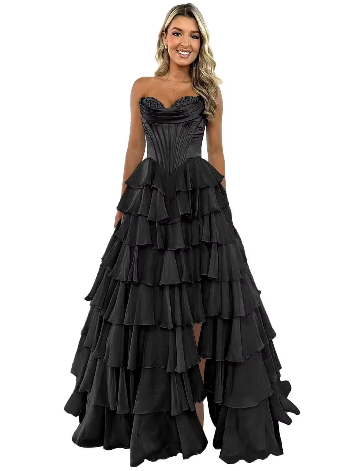 GATMAHE Tulle Floral Prom Dresses for Teens 2026 Tiererd Long Ball Gown Strapless Sweetheart Formal Evening Gowns with Slit
