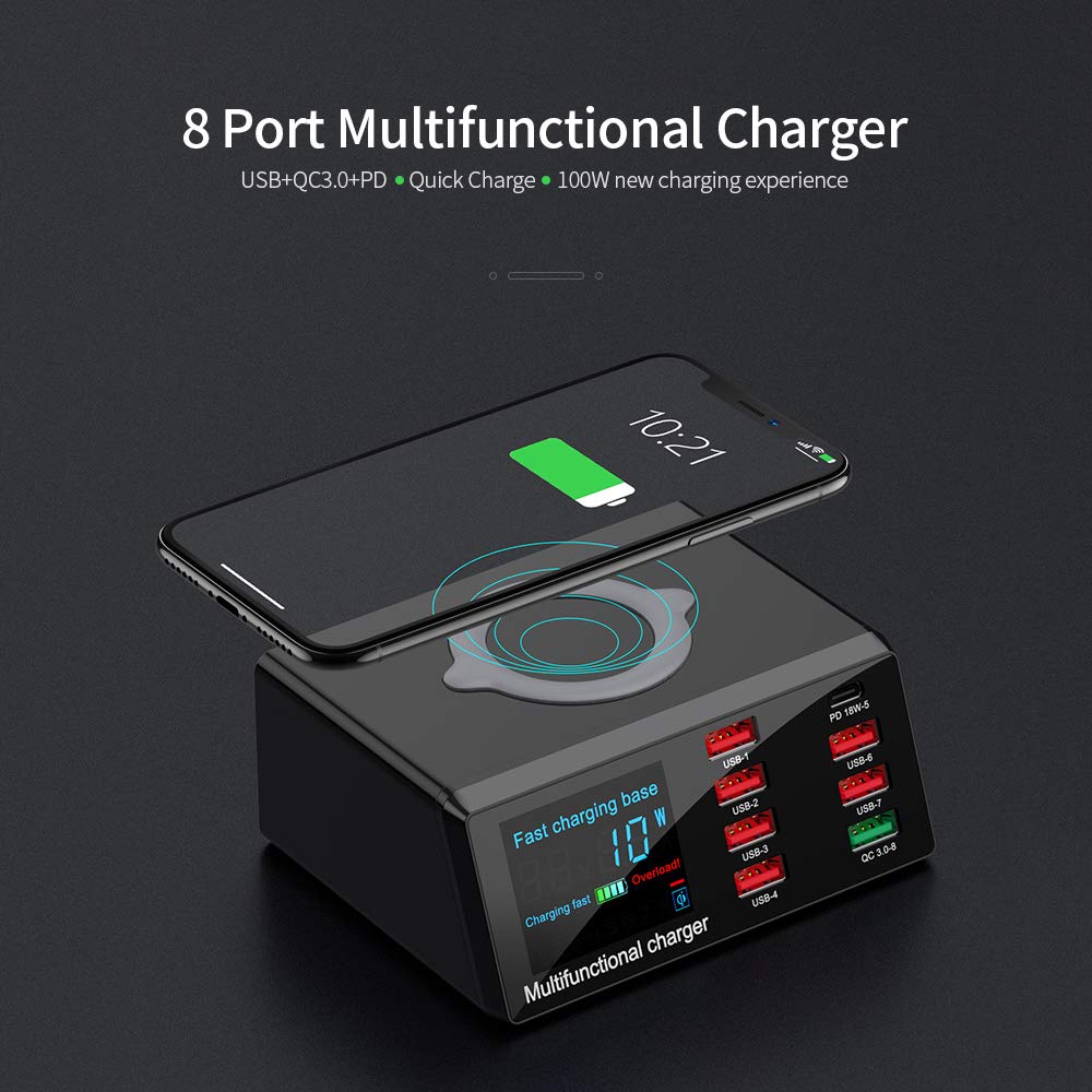 X9 8 portów bezprzewodowa ładowarka USB do szybkiego ładowania PD + QC3.0 + port USB stacja ładująca ze wskaźnikiem LED, kompatybilna z telefonem/laptopem/tabletem, wtyczka UE