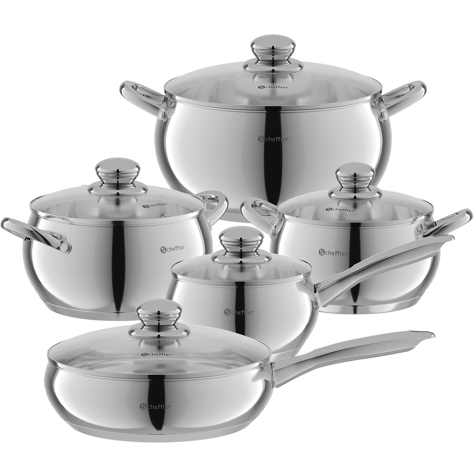 Scheffler Topfset Mit Deckel, 10tlg, Induktions, Für alle Herdarten | Edelstahl-Kochtopfset, 16/18/20/24/24 cm