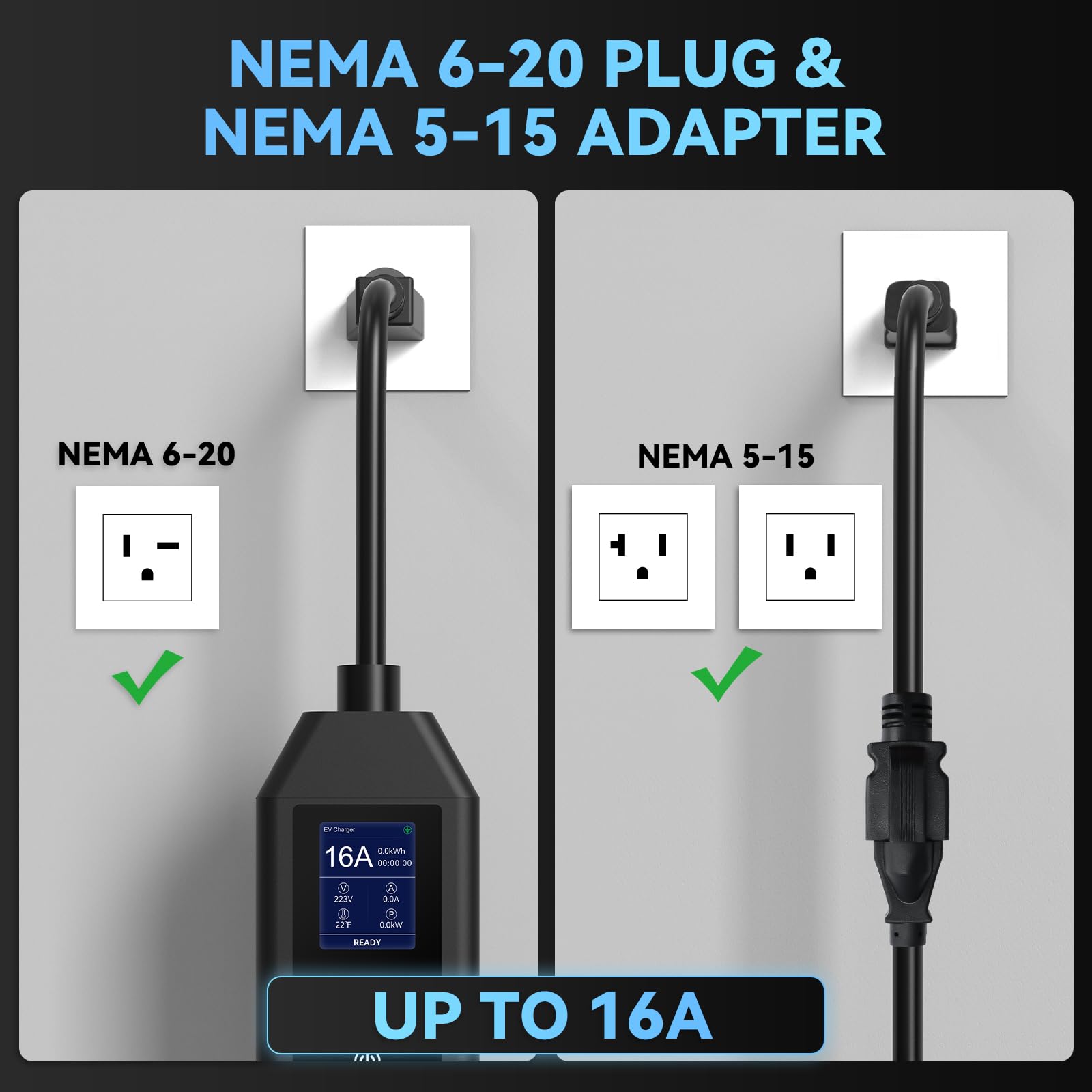 Level 1/2 Portable EV Charger, J1772 Charger Compatible with All EVs, 16 Amp 110V-240V, 25ft Cable, NEMA 6-20 Plug & NEMA 5-15 Adapter