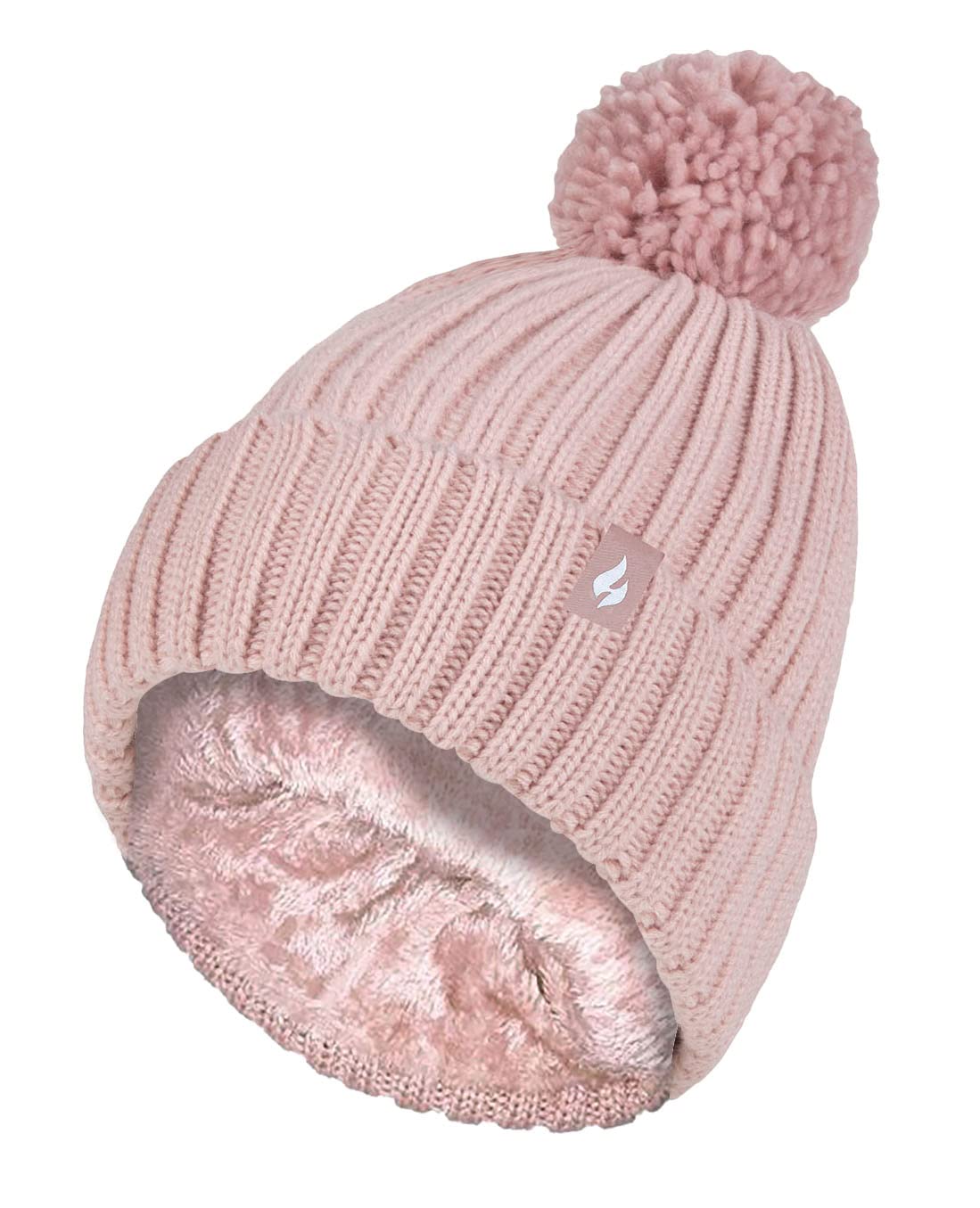 HEAT HOLDERSLadies Chunky Ribbed Cuffed Thermal Winter Pom Pom Bobble Beanie Hat with Fleece Lining