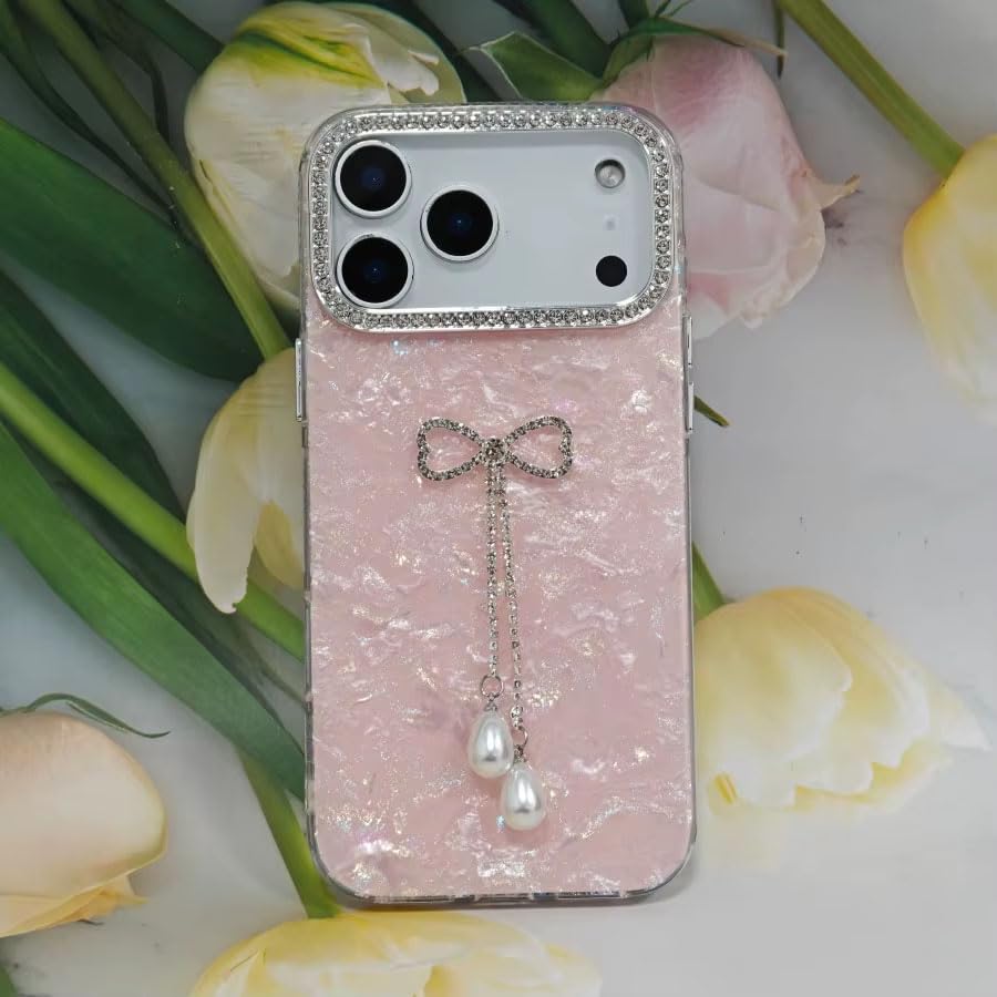 Image of mobistyle Designed for iPhone 17 Pro Max | Shell Pattern with Bow Tassel and Daimond Camera Lens Protection Back Cover Case for Women Girls iPhone 17 Pro Max (Pink)