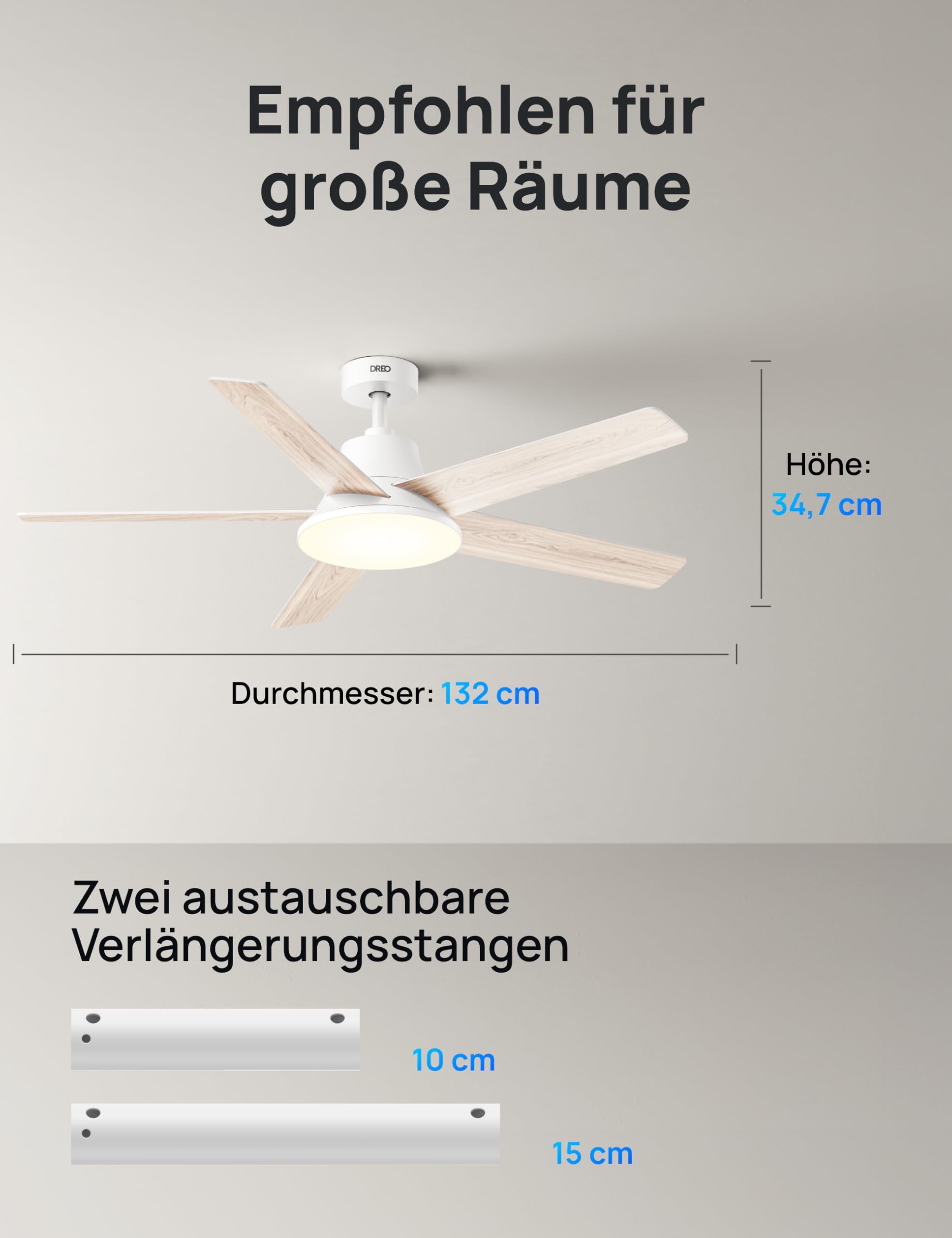 DREO Smart Deckenventilator mit Licht, 132 cm, 12 Geschwindigkeiten, 3 Modi, stufenlos dimmbares LED-Beleuchtung, leiser DC-Motor, 12H-Timer, Fernbedienung/APP/Alexa, für Innenräume, Weiß