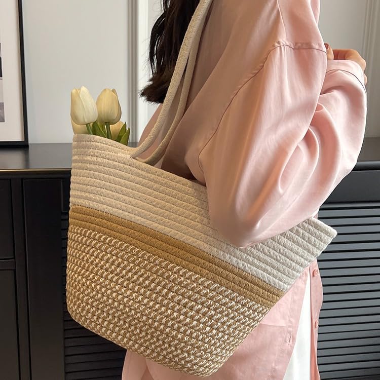 Woven Straw Bag for Women, Large Capacity Vegetable Basket Tote, Single Shoulder Underarm Bag3