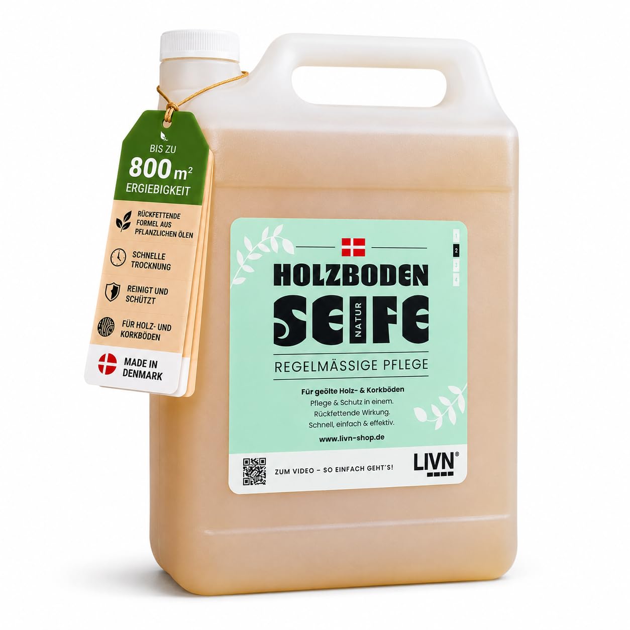 LIVN Holzbodenseife Natur – Rückfettende Pflege & Reinigung für geölte Holz- & Korkböden – 200-400m² Ergiebigkeit – Made in Denmark – Teil des 4-Schritte-Systems (5 L)