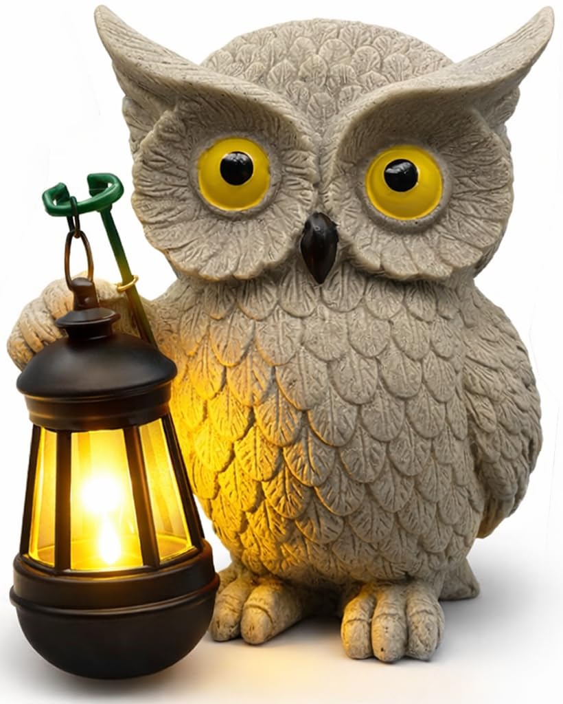 Solarna statua sowy, 19,8 x 14 cm, figurka ogrodowa z latarnią LED, dekoracja na podwórko, taras, werandę, trawnik lub stół, wyjątkowy prezent ogrodowy