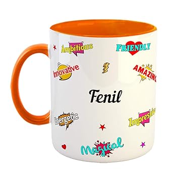 FurnishFantasy Ceramic Coffee Mug - Happy Birthday Gift, Gift for Kids, Return Gift - Orange, Name - Fenil