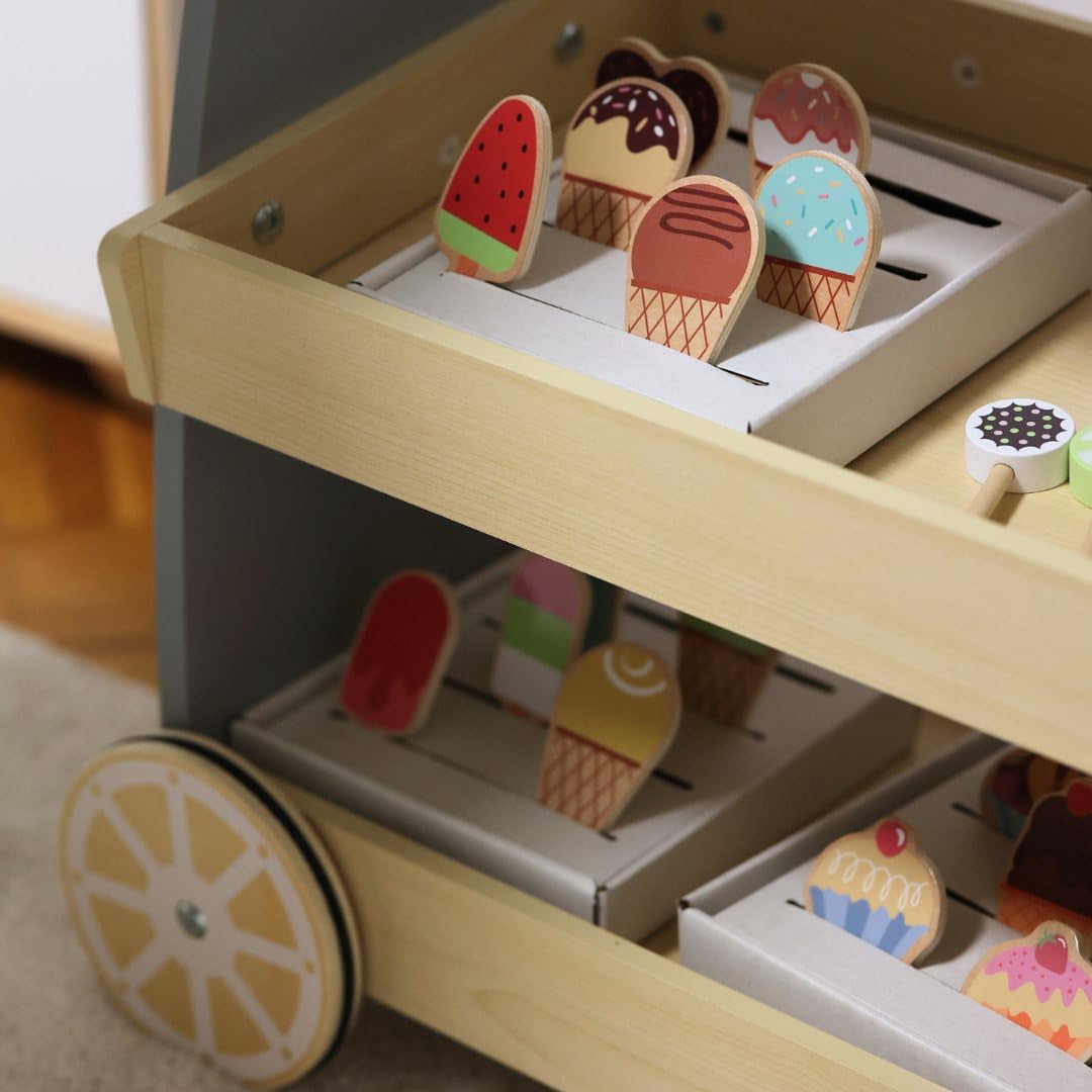Mamabrum Holz Eisdiele für Kinder 3+, Rollwagen mit EIS, Spielen, Dezentes Design, Reichhaltige Accessoires, Entwickelt Kreativität und Soziale Fähigkeiten