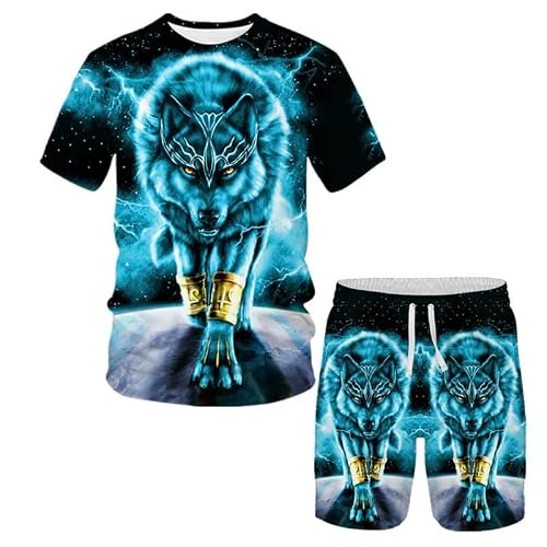Famesale Men's # 7 Tracksuit 2 Piece Short Set Dragon Wolf Tiger Pattern 3D Printed Short Sleeve T Shirts And Drawstring Shorts Set