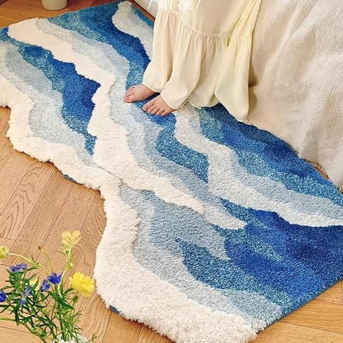 BBAUER Tapis Bleu Océan Vague, Tapis Lavable, Tapis De Chambre Moderne, Tapis De Sol Moelleux, Antidérapant, Tapis Artistique Vagues d'eau De Mer pour Salon Chambre À...