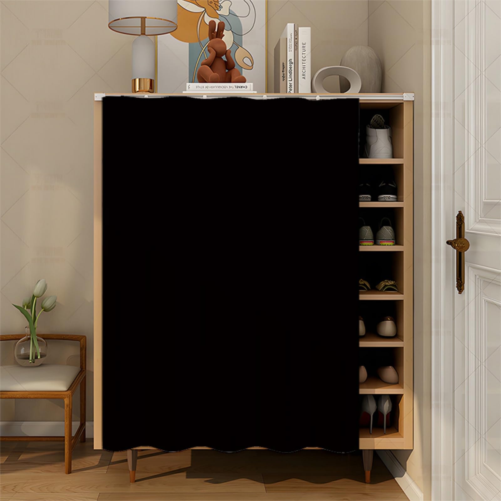 Fasbuy Cupboard Short Curtains Kitchen with Hook and Loop, Hide Away Small Curtains for Kitchen Cupboard Door - No Drilling Is Required for Under Sink, Bookcase, Bathroom (Black,H100x50cm)